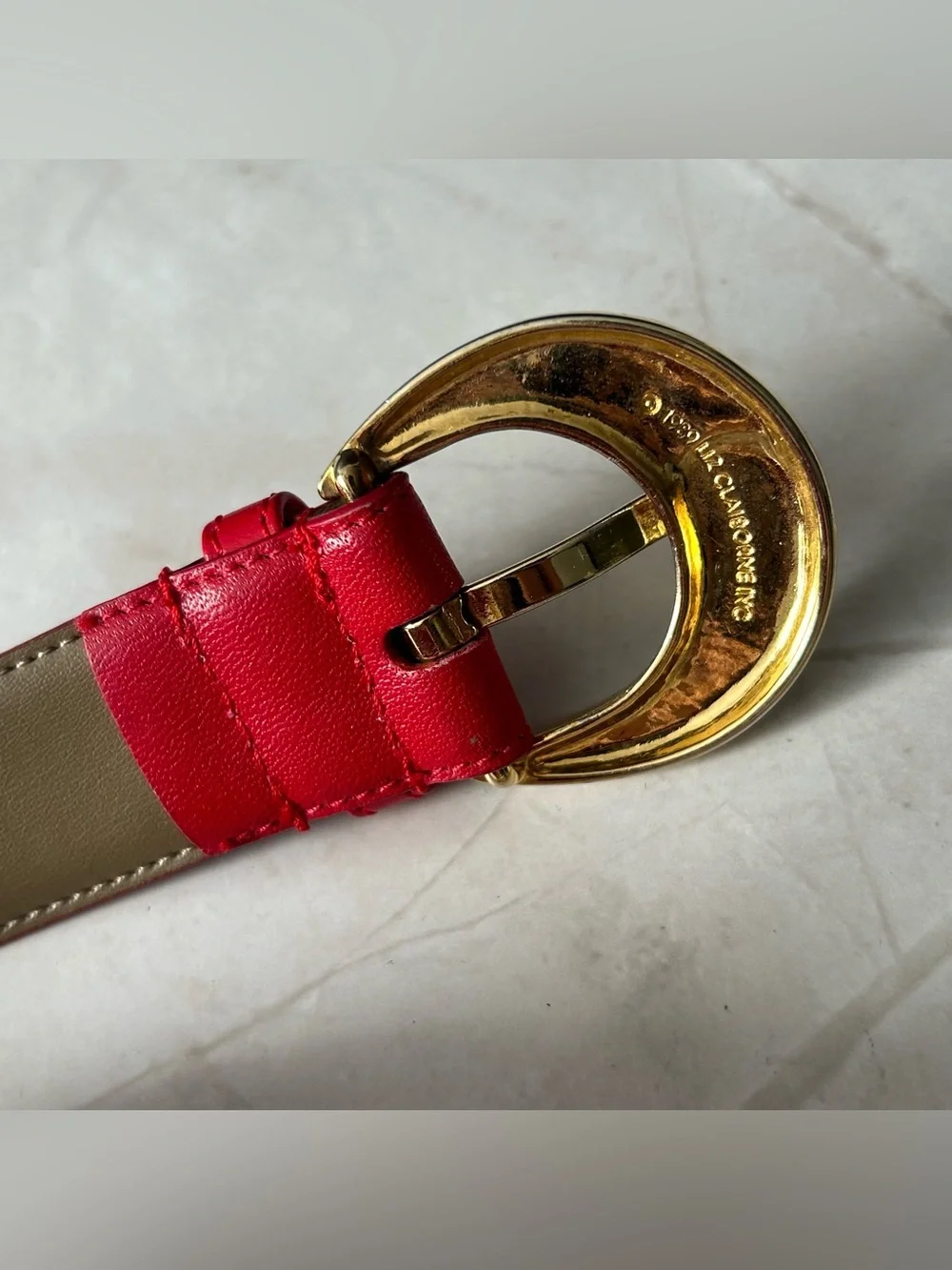 Liz Claiborne Red Leather Belt with Gold Circular Buckle
